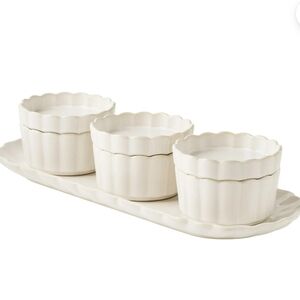 🤎 New Pioneer Woman Elegant Colette  Cream Ceramic Ramekin Bowls With Lids Set